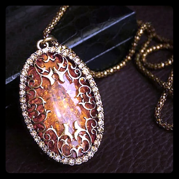 Jewelry - Vintage Amber Filigree Pendant Sweater Chain